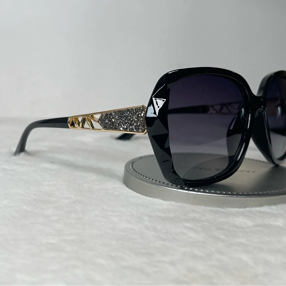 Black & Gold Oversized Square Sunglasses Polarized Tinted w Crystal Frames Nwt